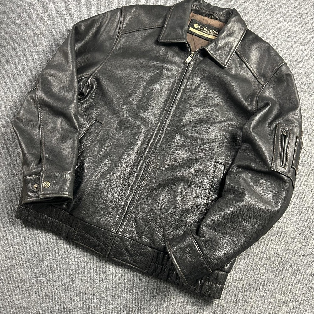 Columbia Jacket Mens Large Black Leather Bomber Quilted Lined Zip Pockets